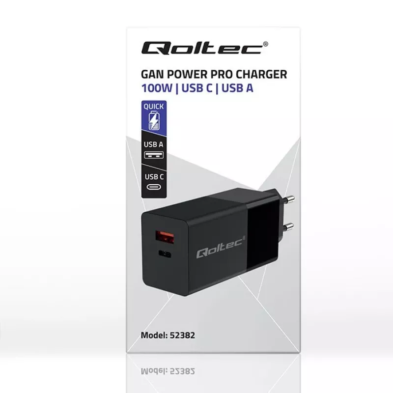 Qoltec 52382 Cargador GaN POWER PRO | 1xUSB Type C | 1xUSB A | 100W | 5-20V | 1.5-5A | PD | negro