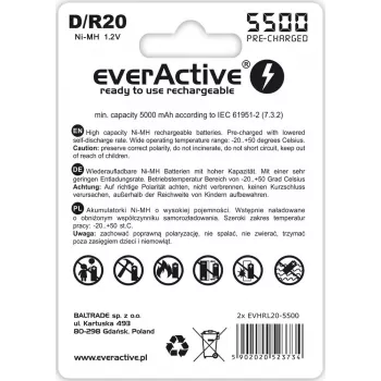 Pila recargable everActive EVHRL20-5500 D NiMH 1,2 V 5500 mAh, pack de 2