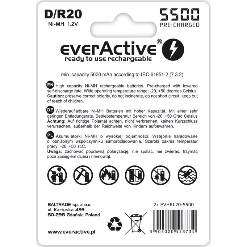 Pila recargable everActive EVHRL20-5500 D NiMH 1,2 V 5500 mAh, pack de 2