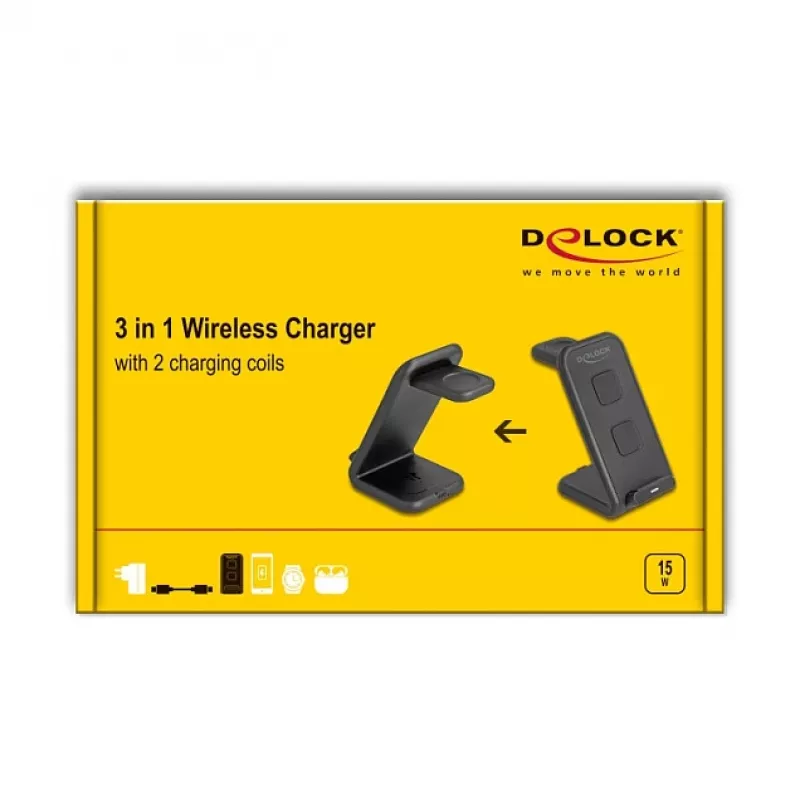 DELOCK 66941 Cargador inalámbrico 3 en 1 para smartphone smartwatch auriculares USB Type-C 15 W interior negro