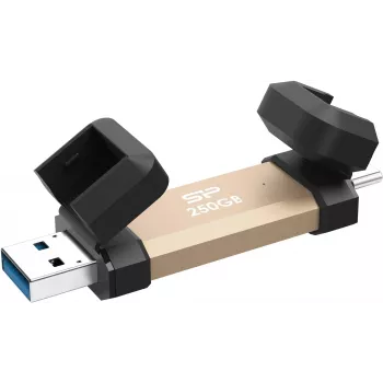 Memoria flash USB Silicon Power DS72 250 GB, USB 3.2 Gen 2 Type-A / Type-C, aluminio/tapa de goma, dorada