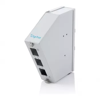 Distribuidor de empalmes de fibra óptica para carril DIN DIGITUS DN-96893 — en ángulo, 6 SC DX / LC Quad, aluminio, gris