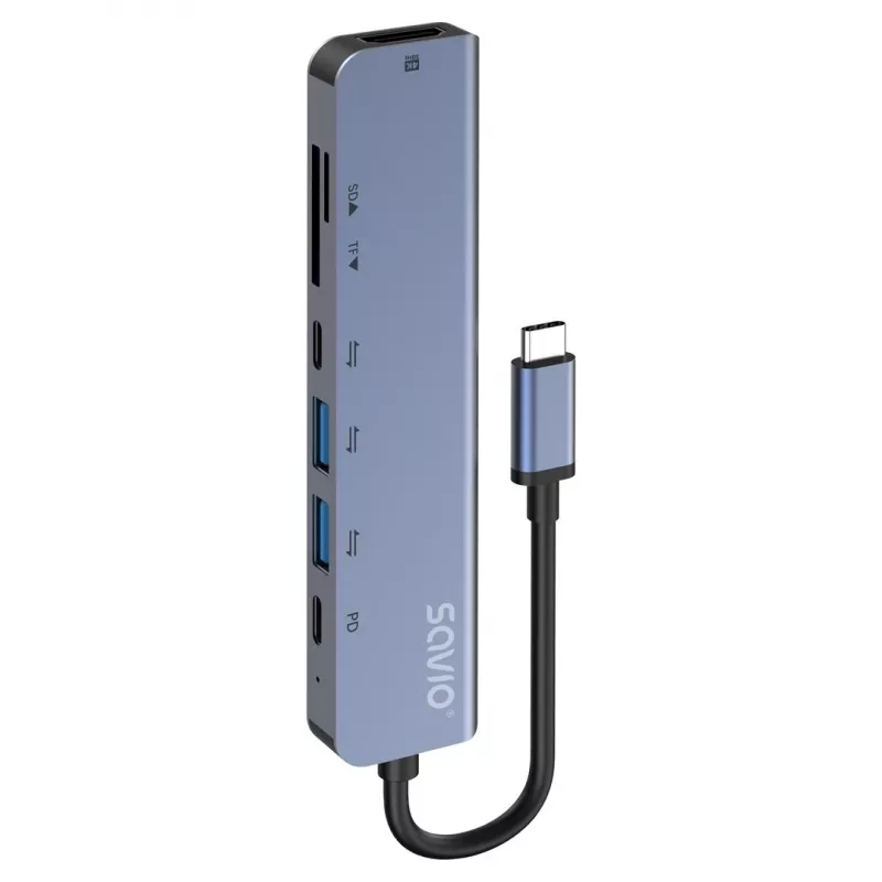 Hub USB Type-C SAVIO AK-82 con HDMI, MicroSD, USB 3.2 Gen1, PD pass-through, 4K@30Hz, 5000 Mbit/s, negro