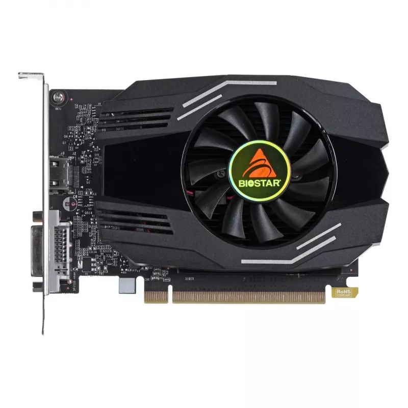 Tarjeta gráfica BIOSTAR GeForce GT 1030 — 4 GB GDDR4, 64-bit, PCIe x16 4.0, refrigeración activa, DVI-D + HDMI