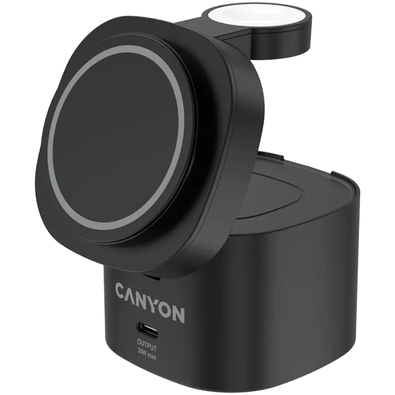 Estación de carga inalámbrica 4 en 1 Canyon, 30W máx, tamaño: 70x70x70,3 mm, peso: 414 g, con cargador de 65W y cable de 1 m, negra