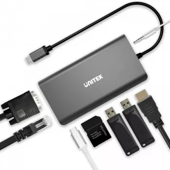 Hub USB Unitek uHUB O8+ con cable USB 3.2 Gen 1 Type-C, gris, 100W Power Delivery