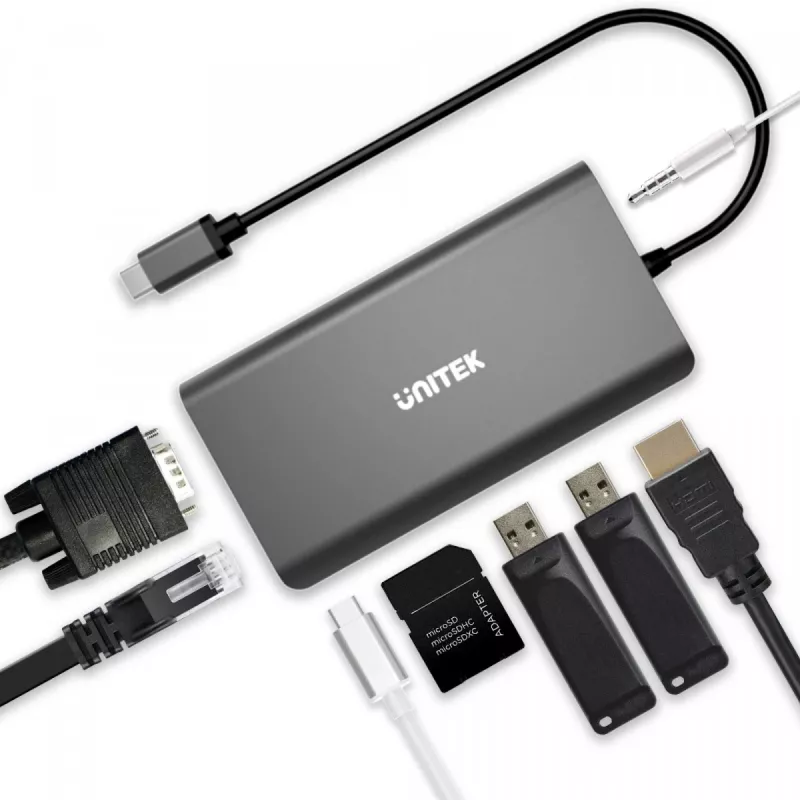 Hub USB Unitek uHUB O8+ con cable USB 3.2 Gen 1 Type-C, gris, 100W Power Delivery