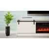 Mueble TV con chimenea eléctrica Cama Meble GRANERO modelo RTV GRANERO + KOM B/B, 200 x 56,7 x 35 cm, blanco/blanco brillante, 2 puertas, 2 estantes, MDF/tablero de partículas