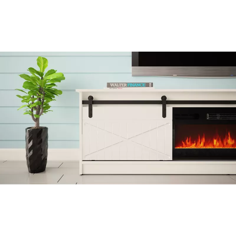 Mueble TV con chimenea eléctrica Cama Meble GRANERO modelo RTV GRANERO + KOM B/B, 200 x 56,7 x 35 cm, blanco/blanco brillante, 2 puertas, 2 estantes, MDF/tablero de partículas