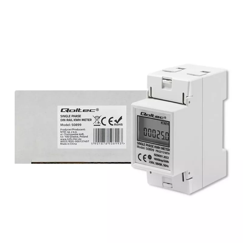 Medidor de consumo eléctrico monofásico QOLTEC 50899 230 V 50 Hz, 5(60)A, clase 1.0, LCD