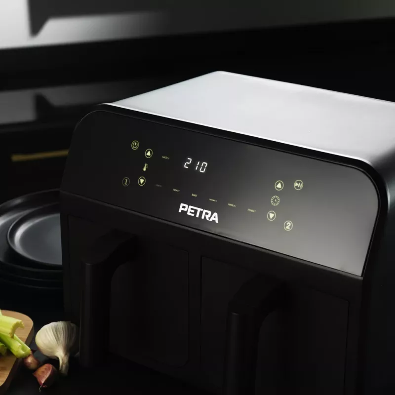 Freidora de aire Petra PT4750BLKVDEEU7, doble cámara, capacidad 3,7 L, negra