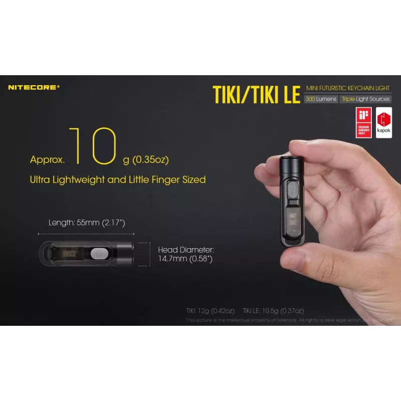 Linterna de mano Nitecore TIKI LE — 300 lm, recargable por USB, policarbonato, IP66, resistente a impactos, 10,5 g, 55 mm, negra