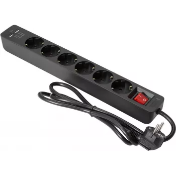 Regleta de enchufes EUROLITE ON-1 6 tomas con 2 puertos USB, alargador con protección contra sobretensiones