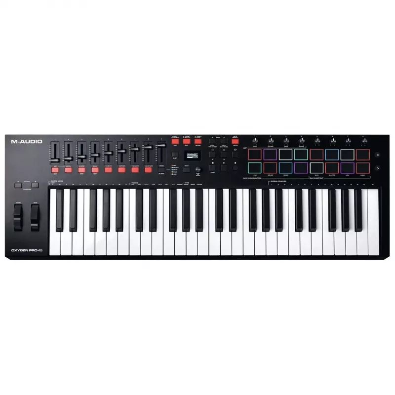 Controlador de teclado MIDI M-Audio Oxygen Pro 49 — 49 teclas, 16 pads, 9 faders, pantalla OLED, USB, MIDI-Out