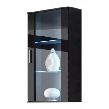 Armario vitrina Cama Meble SOHO de pared 1 puerta marco negro mate / puerta negro brillante con 2 estantes de vidrio templado