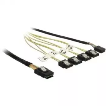 Cable interno Mini-SAS a 4×SATA DELOCK 0,5 m — Mini SAS SFF-8087 a 4×SATA 7p, negro/plateado/amarillo