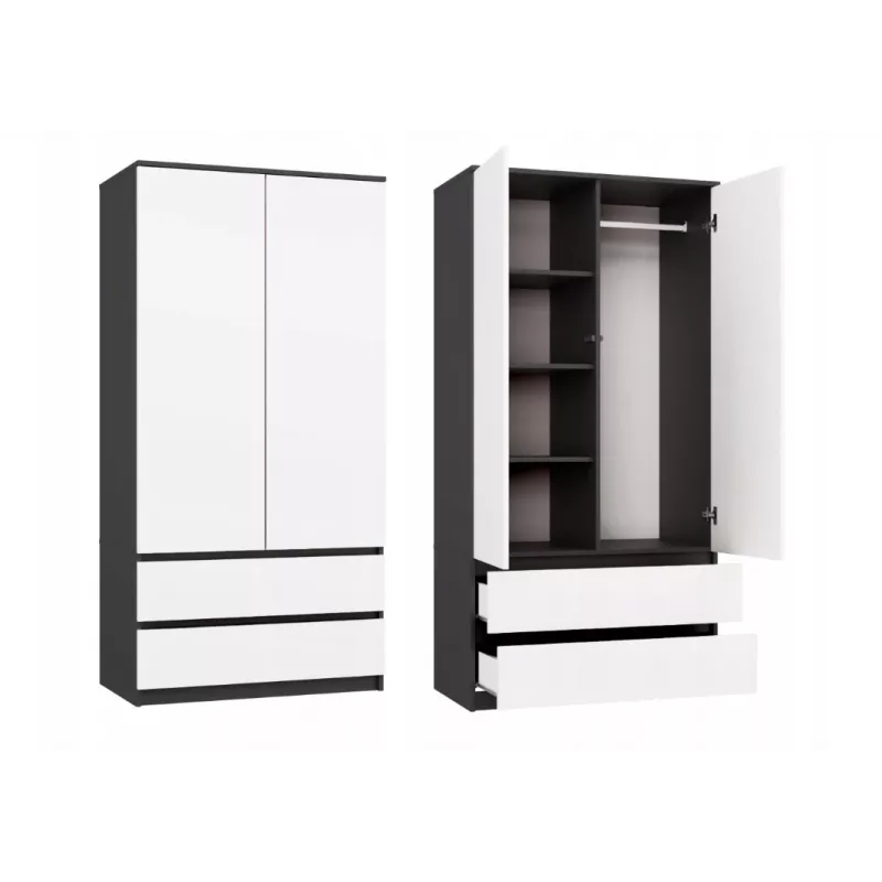 Armario top e shop MALWA SS-90, 90×180×50 cm, marco antracita, puertas batientes blancas, 2 cajones, laminado 16 mm