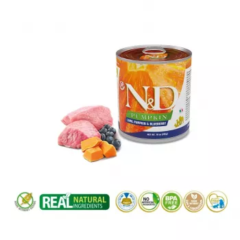 Comida húmeda para perros Farmina N&D Lamb Pumpkin Blueberry Adult lata 285 g, alimento completo para perros adultos, 75 % humedad, 11 % proteína, 7 % grasa