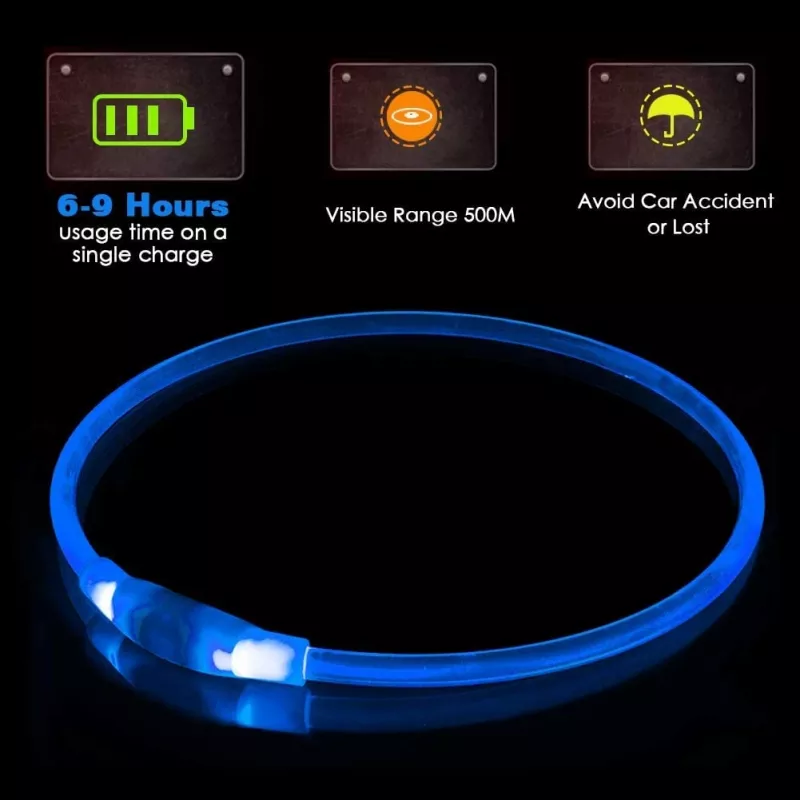 Collar LED KABB azul para perros y gatos – recargable, collar de seguridad ajustable con iluminación