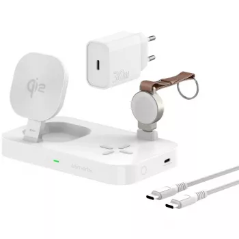 Cargador para dispositivos móviles 4smarts 540994 Interior DC USB carga rápida inalámbrica 12V entrada 5V salida conector USB-C protección contra sobrecorriente y cortocircuito Blanco