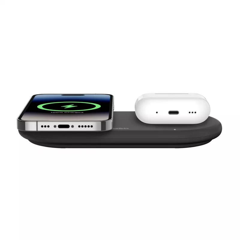 Belkin WIZ021VFBK – Estación de carga inalámbrica 2 en 1 con tecnología Qi2 15 W, negra