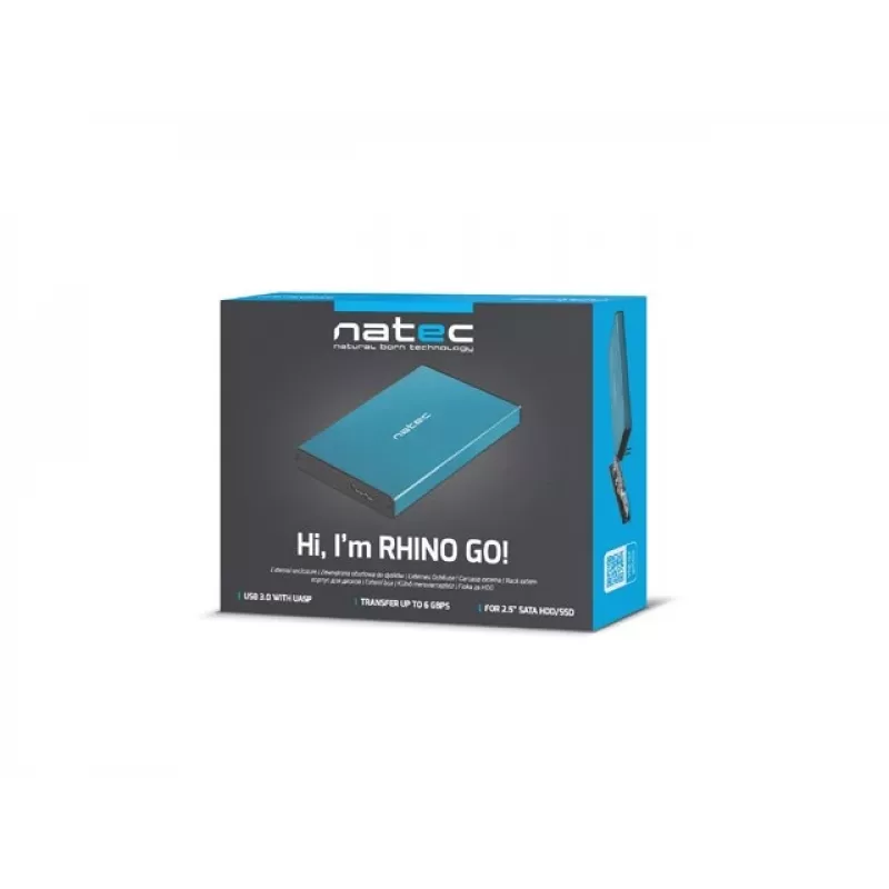Caja externa HDD/SSD NATEC Rhino GO 2,5 pulgadas — USB 3.0, SATA III, hasta 4 TB, 9,5 mm, aluminio, azul