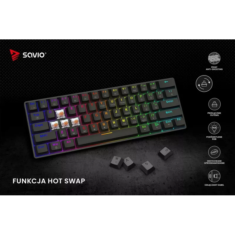 Teclado gaming mecánico SAVIO BLACKOUT X2 PEACH — 61 teclas 60 % QWERTZ, RGB LED, hot-swap, USB Type-A/Type-C, cable extraíble