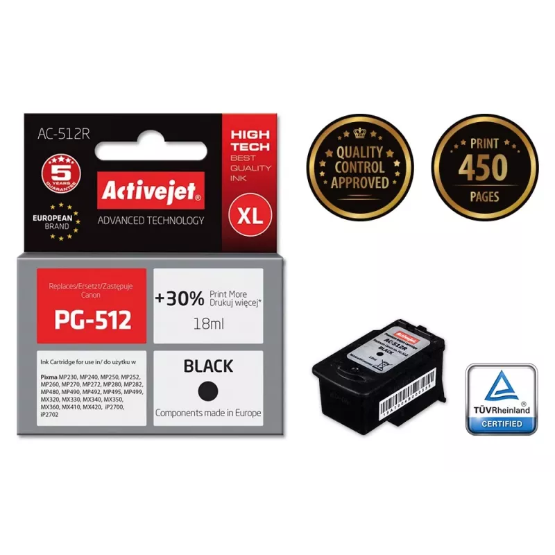 Activejet AC-512R tinta (sustituto de Canon PG-512; Premium; 18 ml; negro)