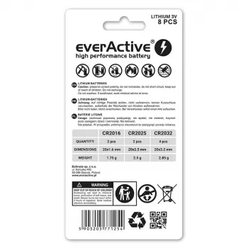 Set de 8 pilas de litio everActive 4 x CR2032, 2 x CR2025, 2 x CR2016