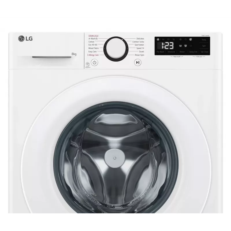 LG | Lavadora | F2WR508SWW | Clase de eficiencia energética A-10% | Carga frontal | Capacidad de lavado 8 kg | 1200 rpm | Profundidad 47,5 cm | Anchura 60 cm | Pantalla | LED | Función vapor