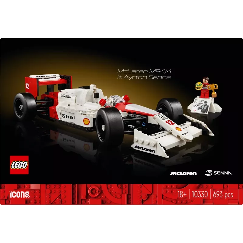 Set LEGO McLaren MP4/4 Ayrton Senna 10330 — modelo LEGO ICONS a escala