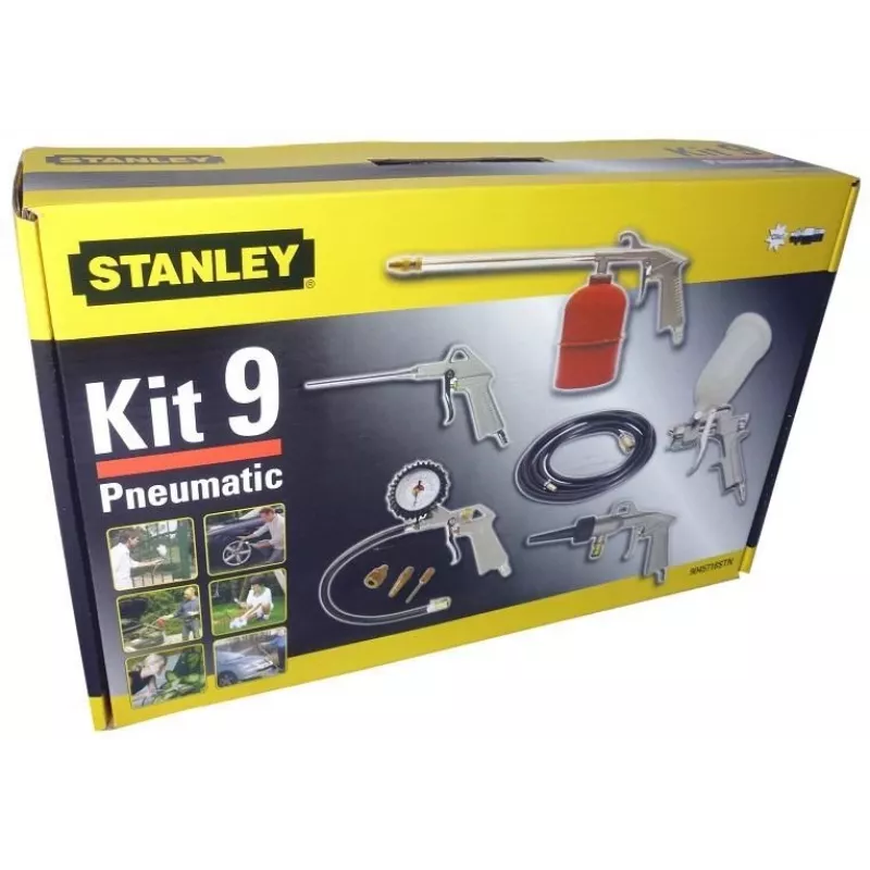 Set de herramientas neumáticas STANLEY 9045718STN, 9 piezas, herramientas metálicas, manguera en espiral 5 m, máx. 20 bar