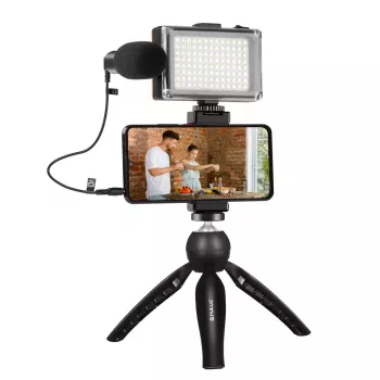 Trípode con luz LED, micrófono y pinza para teléfono Puluz PKT3132B – set compacto de grabación en directo