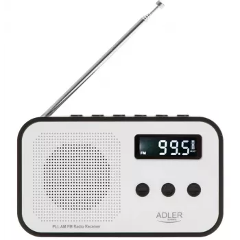 Radio digital portátil Adler AD 1907 — FM/AM, sintonizador digital, despertador, USB-C, batería de 600 mAh, LCD, 20 memorias de emisoras, antena telescópica
