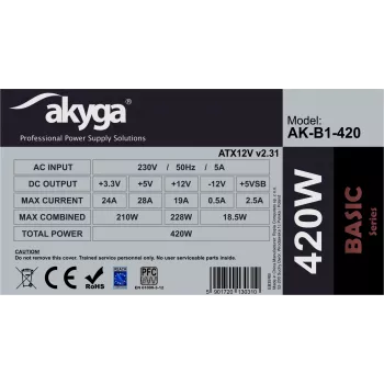 Fuente de alimentación ATX Akyga Basic AK-B1-420 420 W, ventilador de 120 mm, PFC pasiva, Gris