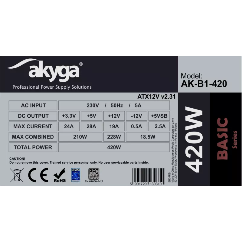 Fuente de alimentación ATX Akyga Basic AK-B1-420 420 W, ventilador de 120 mm, PFC pasiva, Gris