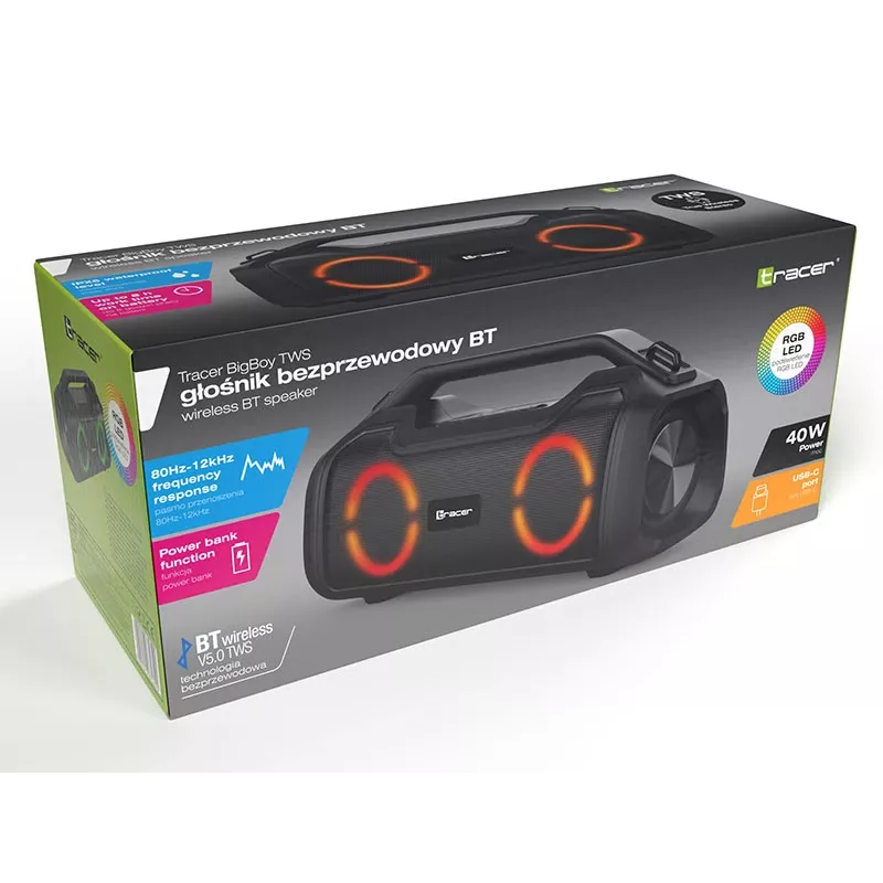 Altavoz portatil estereo TRACER BigBoy TWS Bluetooth 40 W RMS, Bluetooth 5.3, 12 h de bateria, negro