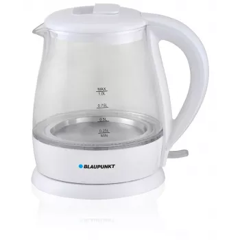 Hervidor eléctrico BLAUPUNKT 1 L 1630 W blanco — cuerpo de cristal, base 360°, apertura por botón