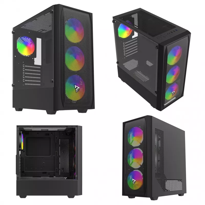 Caja de PC SAVIO Noctis Flow RGB — Cube, ATX/Mini-ITX, 3 ventiladores frontales de 120 mm, ventana lateral de cristal templado, GPU máx. 35 cm