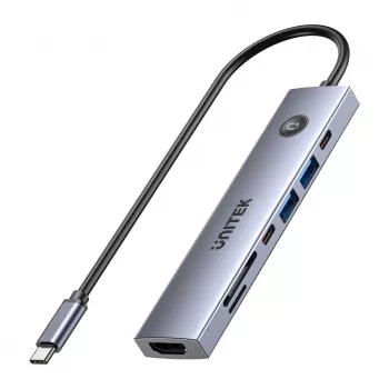Hub USB-C Unitek H1124AGY01 con 100W PD, HDMI 2.0, 2x USB‑A, 2x USB‑C, lector de tarjetas SD/microSD — aluminio