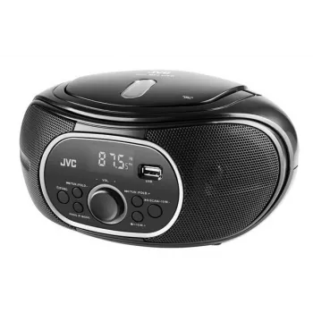 Reproductor de CD portátil JVC RD‑E221B — negro, CD/MP3, pletina de casete, reproducción USB, radio FM, AUX, funcionamiento con batería/red eléctrica