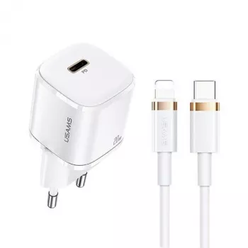 Cargador de pared mini USAMS T36 USB-C, 20 W, PD 3.0, con cable USB-C a Lightning de 1 m
