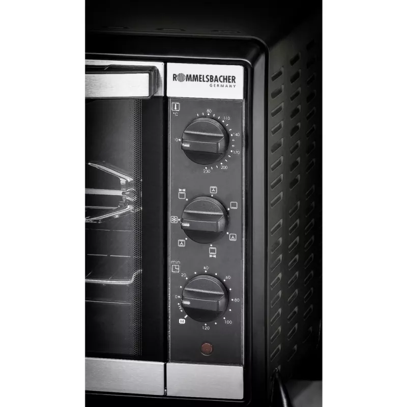 Cocina eléctrica Rommelsbacher BG 1550 Negra, 30 L, 80–230 °C, 7 modos, asador giratorio, temporizador de 120 minutos