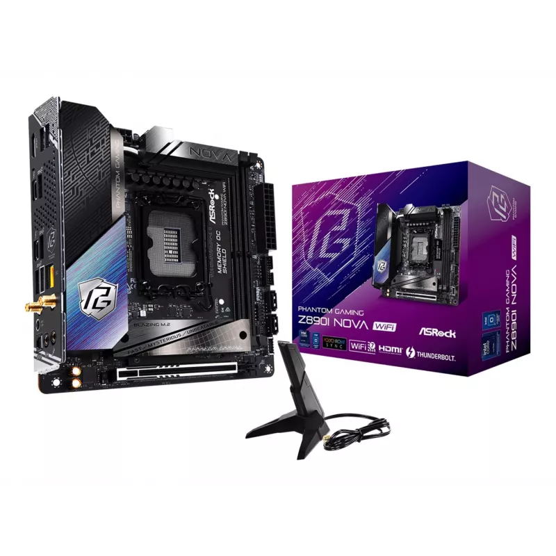 Placa base ASRock Phantom Gaming Z890I Nova WiFi — Intel Z890, LGA 1851, Mini-ITX, DDR5, 2x M.2, Wi‑Fi 6E/7, 5Gb LAN, Thunderbolt