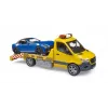 Bruder MB Sprinter transportador de coches con módulo de luz y sonido, naranja/azul, incl. roadster