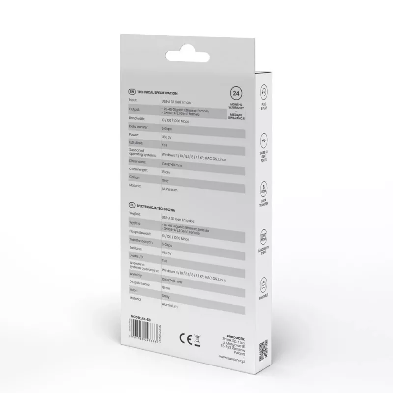 Hub USB-A SAVIO con RJ-45 Gigabit Ethernet AK-57 — 3× USB-A + RJ-45, host USB 3.2 Gen 1 Micro‑B, 5 Gbit/s, 4 puertos, gris