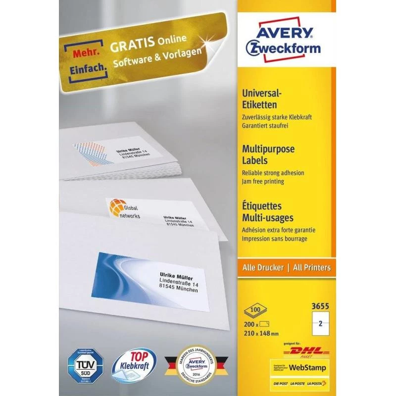 Avery 3655 Etiquetas autoadhesivas Rectangulares Permanente Blanco 200 uds.
