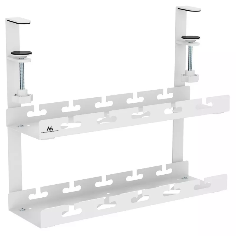 Organizador de cables bajo el escritorio MACLEAN MC-104 W, bandeja de acero de 2 niveles, blanco, carga máx. 5 kg, para grosores de mesa de 0,5–5 cm