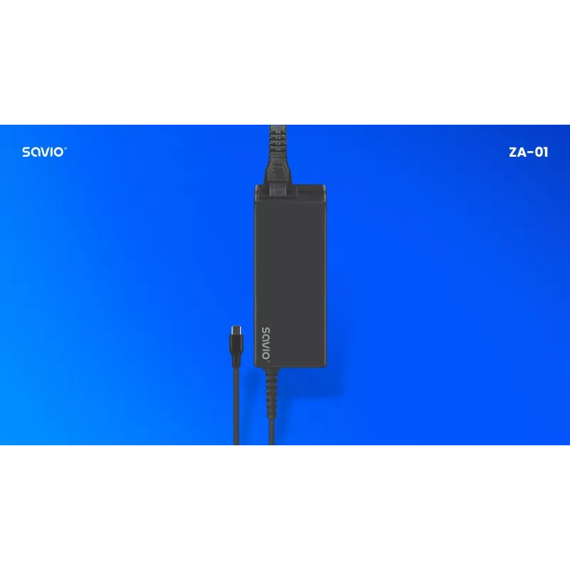 Cargador de CA para interiores SAVIO ZA-01, 65W USB‑C PD 3.0, entrada 100–240V, conector único, negro