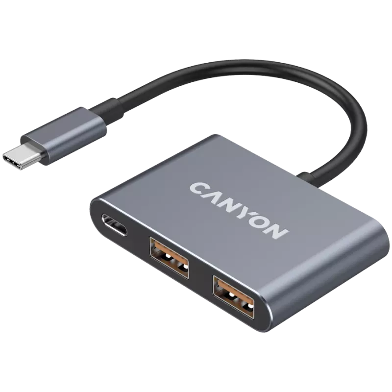 Hub 3 en 1 USB-C CANYON DS-3 gris oscuro – USB-C a USB-A + HDMI + pass-through PD